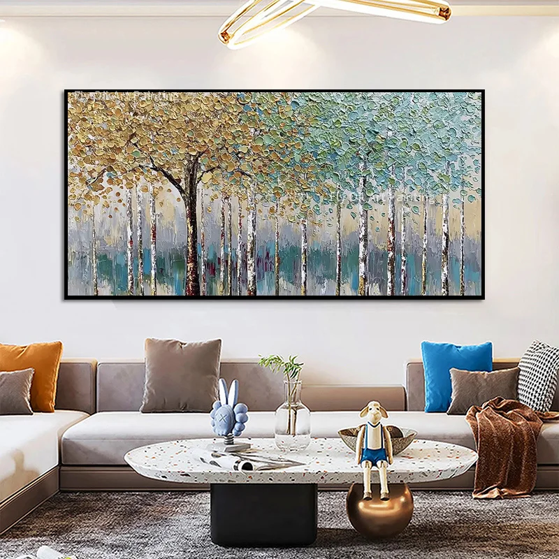 Hand Painted Golden Foliage Birch Tree Painting, 3D Textured Landscape Canvas Wall Art, Contemporary Home Interior Decor