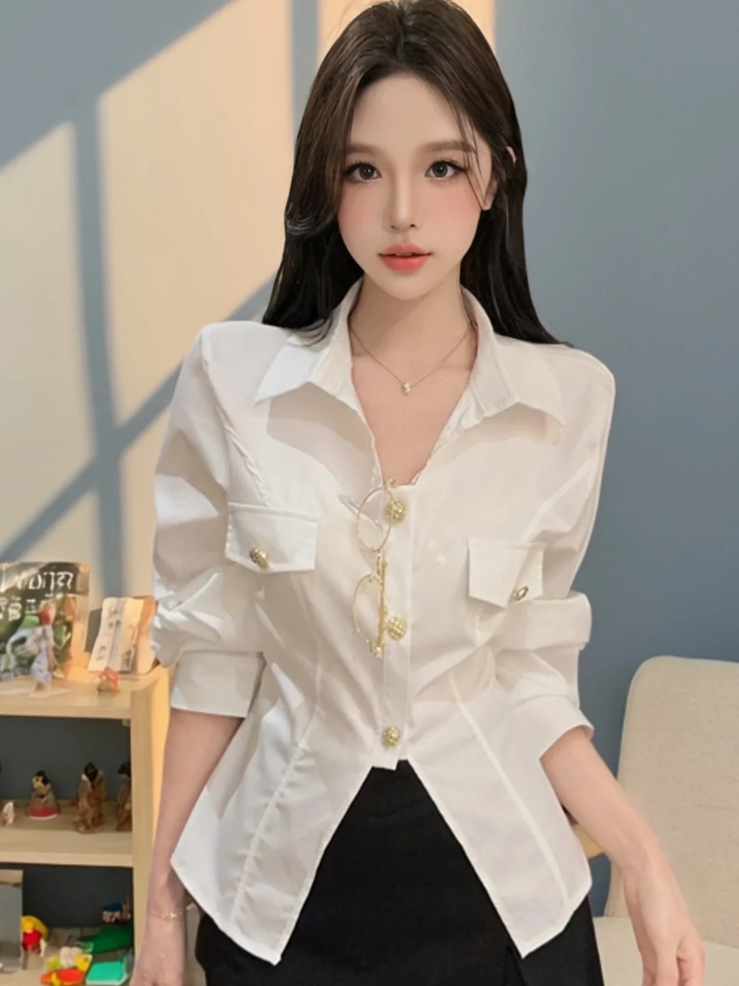 

Fashionable Collar Long Sleeve Shirt Single Button Versatile Korean Style Breathable Polyester Casual Women's Top