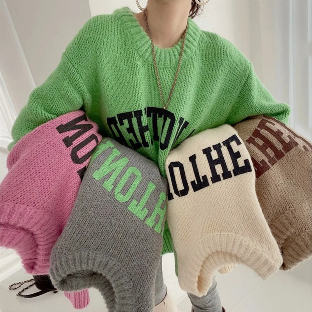 Winter Kleidung Frau Zieht Femmes Stil Westlichen Candy Farbe Pullover frauen Lose Verdickt Rundhals Brief Stricken Pullover Chic