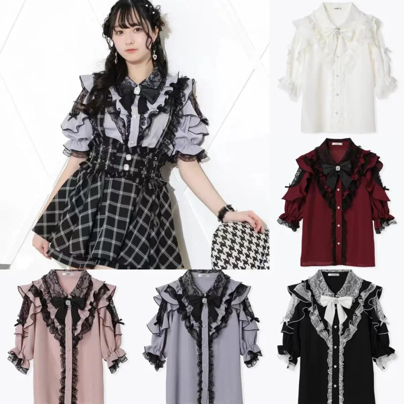 Y2K Landmine Tops&Tees Bow Lotus Leaf Edge Women Japanese Off Shoulder Lace Mid Buttoned Cardigan Sleeve Sweet Shirt Top Tee New