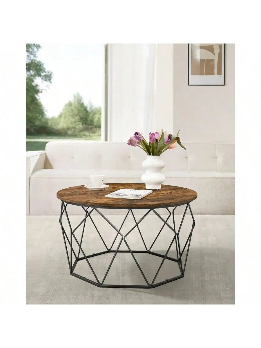 VASAGLE Round Coffee Table for Living Room, Cage Cocktail Table with Steel Frame, 31.5 Inches Dia., Industrial Style