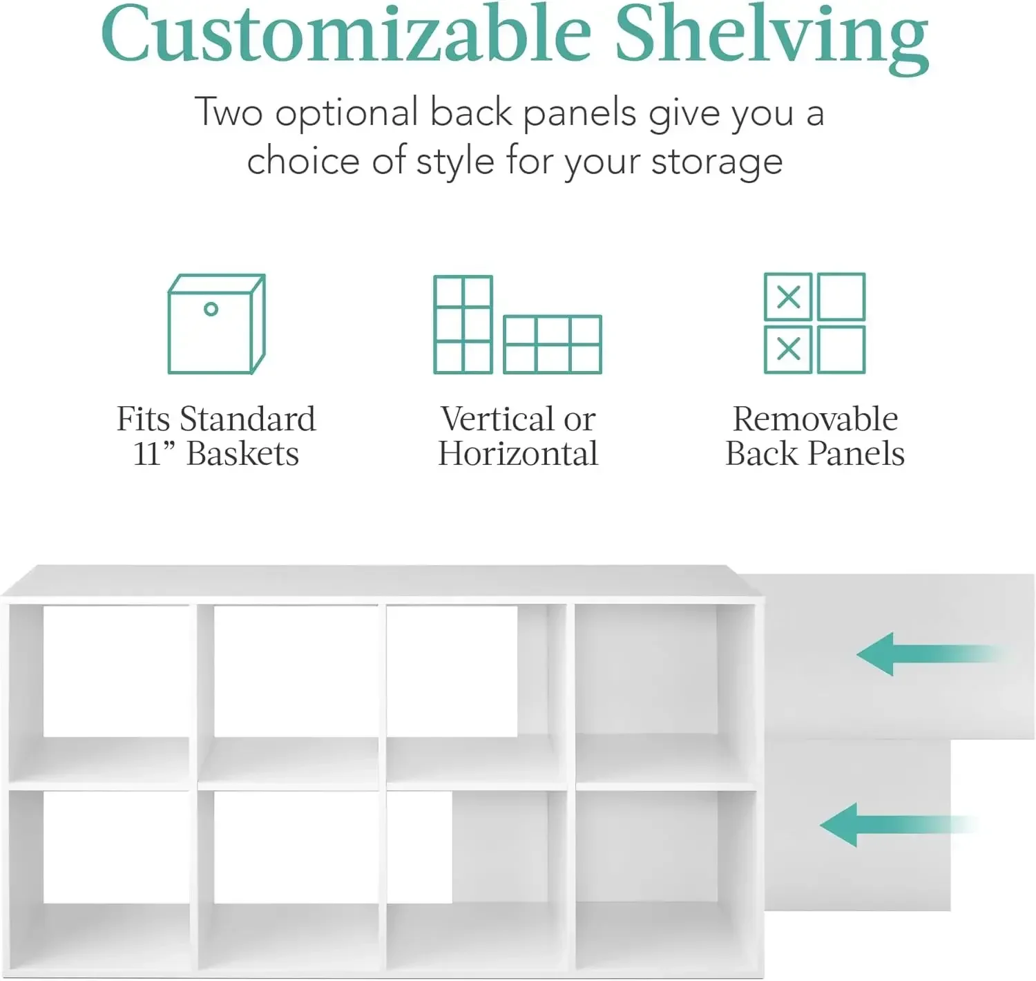 8-Cube Storage Organizer, 11in Shelf Opening, Bookcase, Display Shelf, Customizable w/ 3 Removable Back Pan