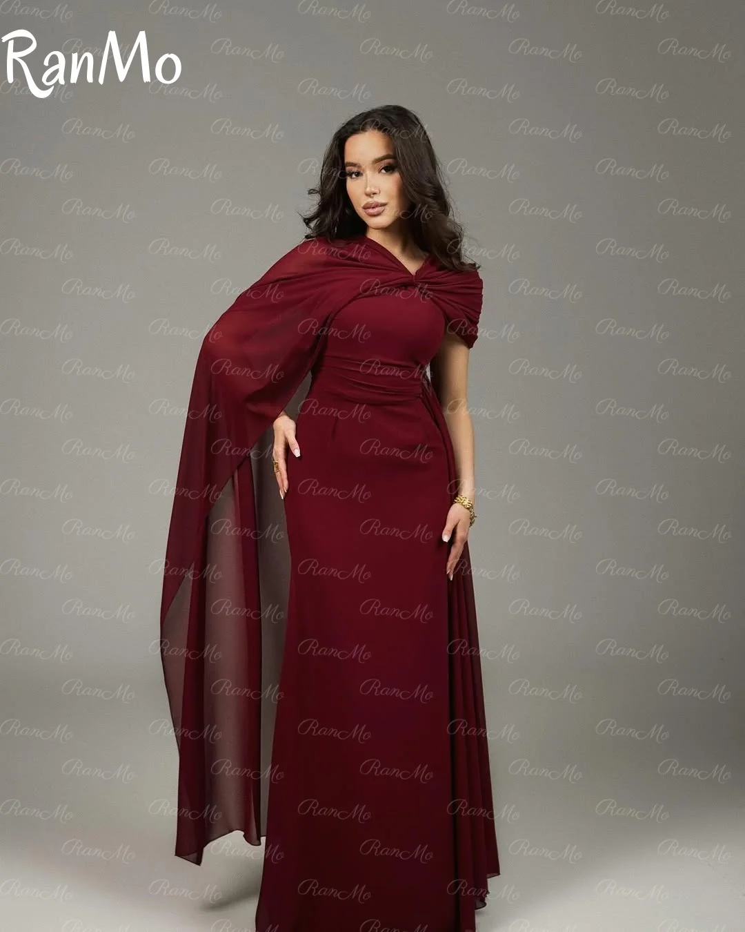 Ranmo Burgundy Evening Dress for Women Elegant Chiffon Mermaid Floor-Length Prom Formal Wedding Special Events Gala Customised