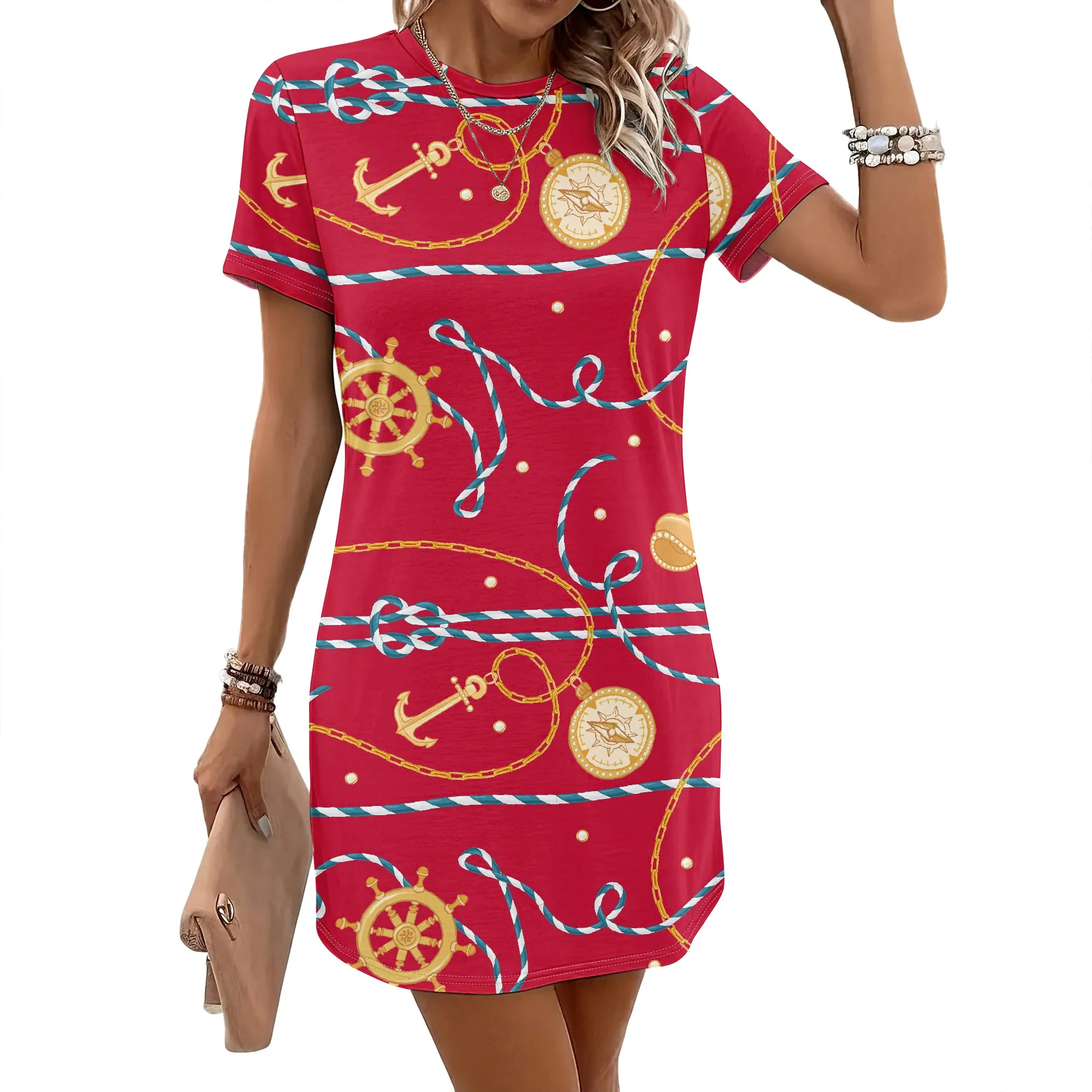 T-Shirt-Kleid mit nautischem Aufdruck, Anker- und Seilmuster, Schiffsrad-Design, lässige Sommerkleidung für Damen, S-2XL – Detail 2