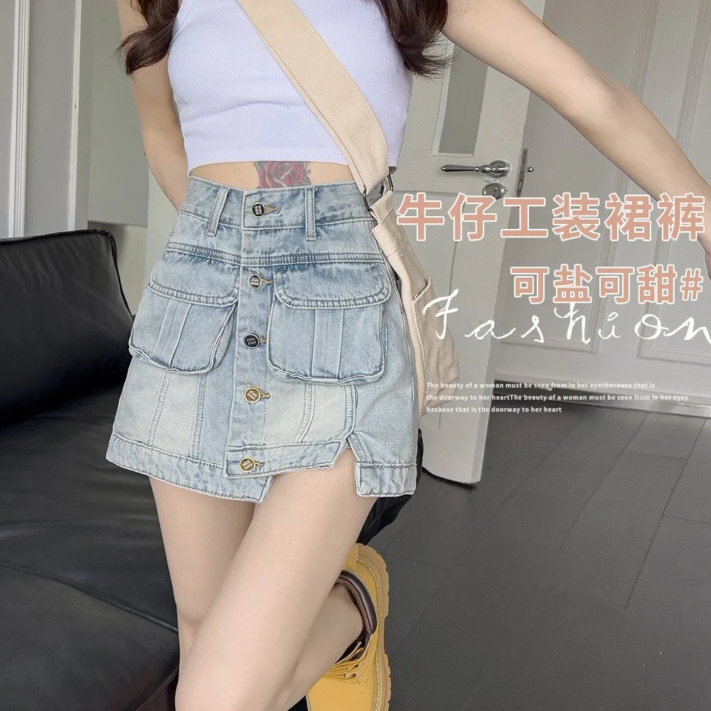 

Blue retro pockets denim skirt pants women's summer A-line Single button shorts