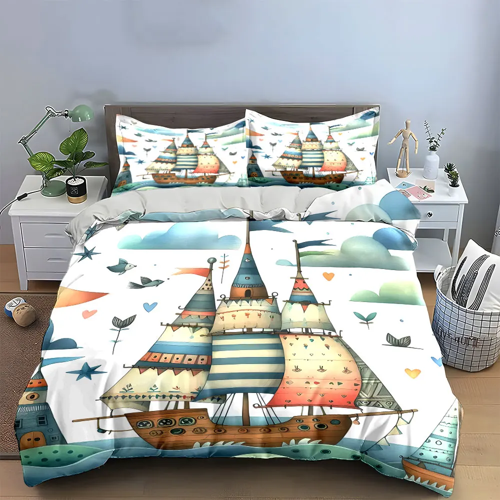 Colorful Sailing Boat Artwork Set Soft Skin-Friendly Bedding Set Includes 1 Duvet Cover And 2 Pillowcase, Gift