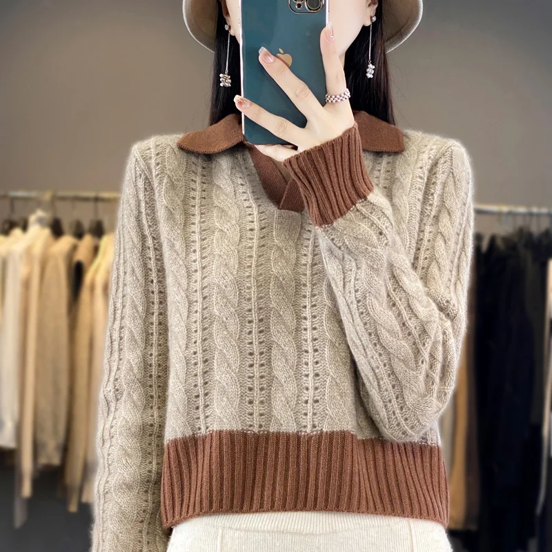 

Turn-Down Collar Knitted Plaited 100% Merino Wool Sweater Cashmere Pullover Long Sleeves Color-Blocking Casual Clothing Top