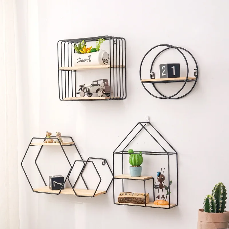 Ins Wind Iron Art Wall Mounted Shelves, Bedroom Wall Mounted Decoration, Room Wall Non Perforated Decoration Storage Rack