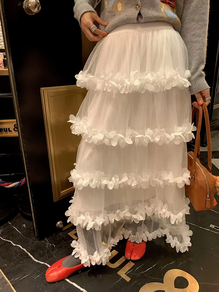 

Длинная женская юбка с цветочным принтом, новая коллекция осень-зима, белая, с эффектом многослойности, эластичная талия, полиэстер