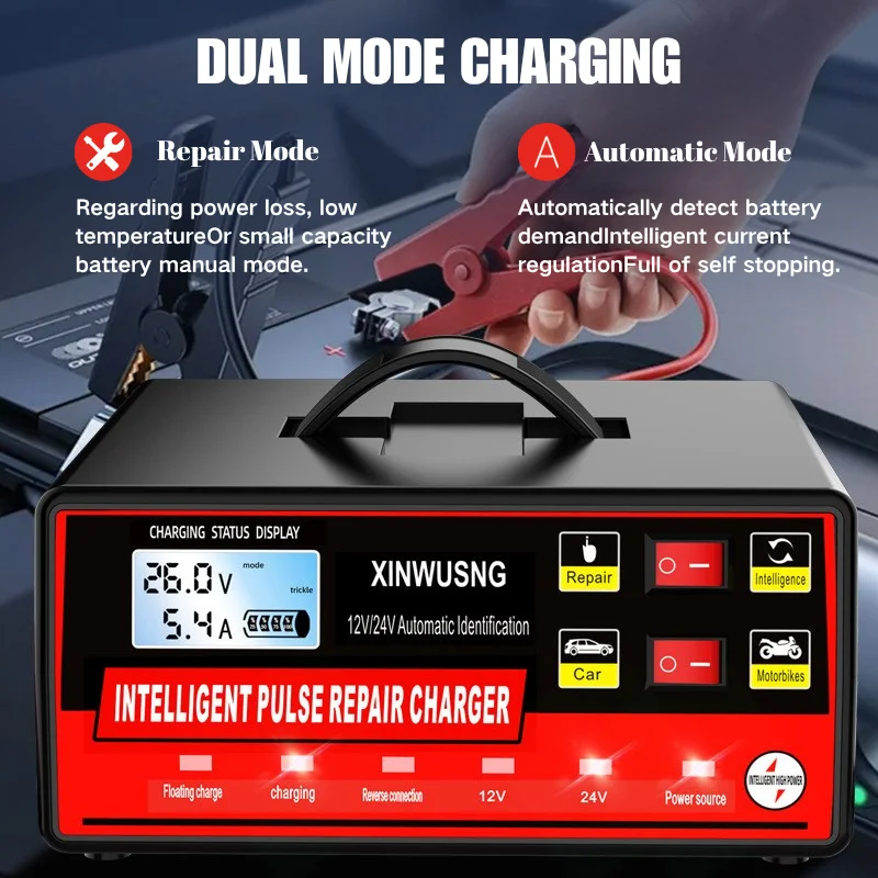 شاحن بطارية عالمي 12 فولت/24 فولت لسيارة دراجة نارية - نبض ذكي شحن سريع إصلاح نبض السيارات شاشة الكريستال السائل 600A الذروة #3