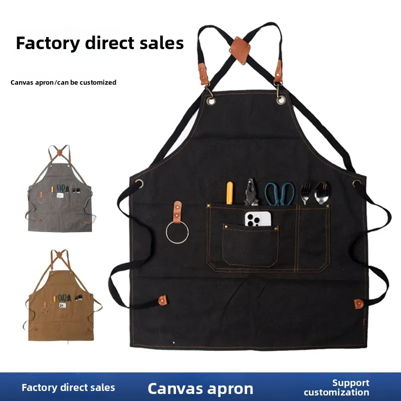 Thick Waterproof Canvas Denim Work Apron Household Gardening Commercial Milk Tea Shop Uniform