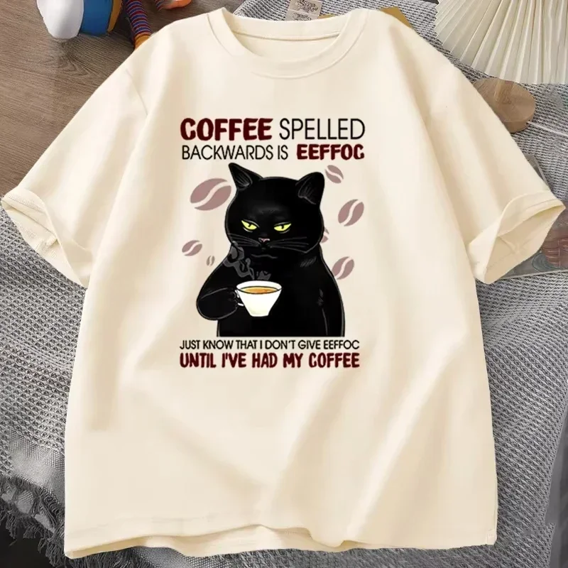 Coffee Spelled Backwards Cat T-shirt Funny Cute Graphic Tees Summer Unisex ONcek T Shirt Oversized Womens Clothes Oversized