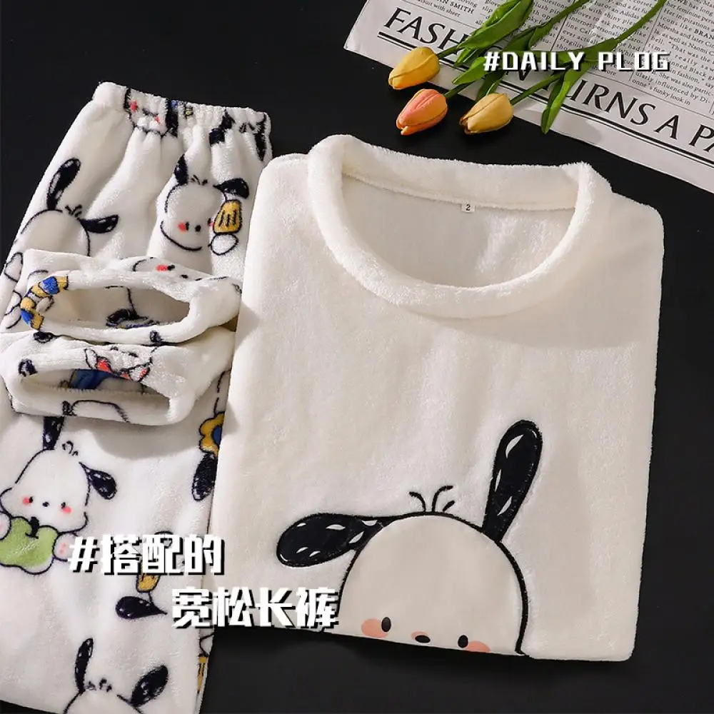 Cartoon Pochacco Coral Fleece Pajamas Set Sanrioed Anime Kawaii Spring Women Plush Homewear Cute Girl Student Loose Warm Clothes