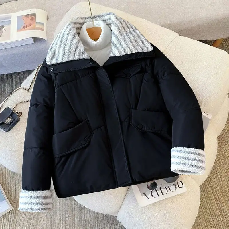 2026 Fashion Down Cotton-padded Jacket Women's Winter Parkas Short Coat Fluff Turndown-collar Tops Thicken Warm Loose Outerwear