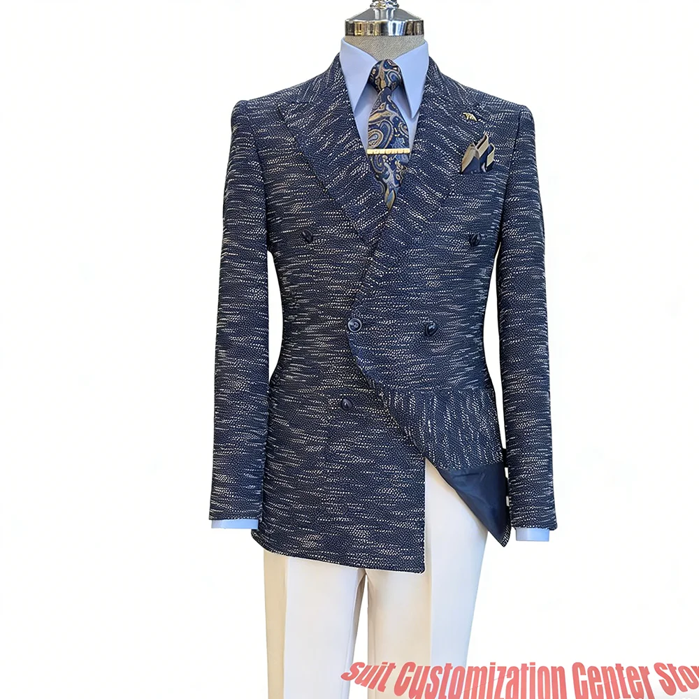 Men's Premium Navy Textured Double Breasted Suit Slim Fit Jacket+White Pants Two-Piece Set for Formal Business Wedding Parties