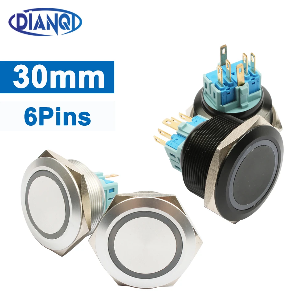 

30 мм Алюминиевый металлический кнопочный переключатель, плоское кольцо, Круглый Мгновенный 6-контактный автомобильный переключатель, сброс фиксации, 12 В, 5 в автомобильные переключатели