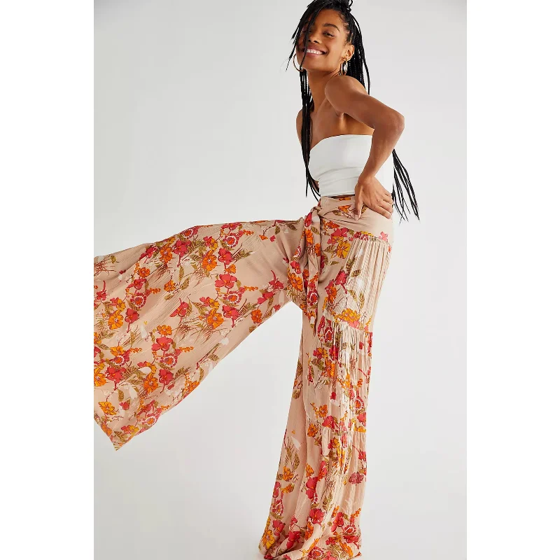 Women\'s Long Wide Leg Palazzo Pants,Loose Casual Beach Boho Floral Print,Bohemian Belted Harem,Yoga Pants,Lounge Pants,Summer