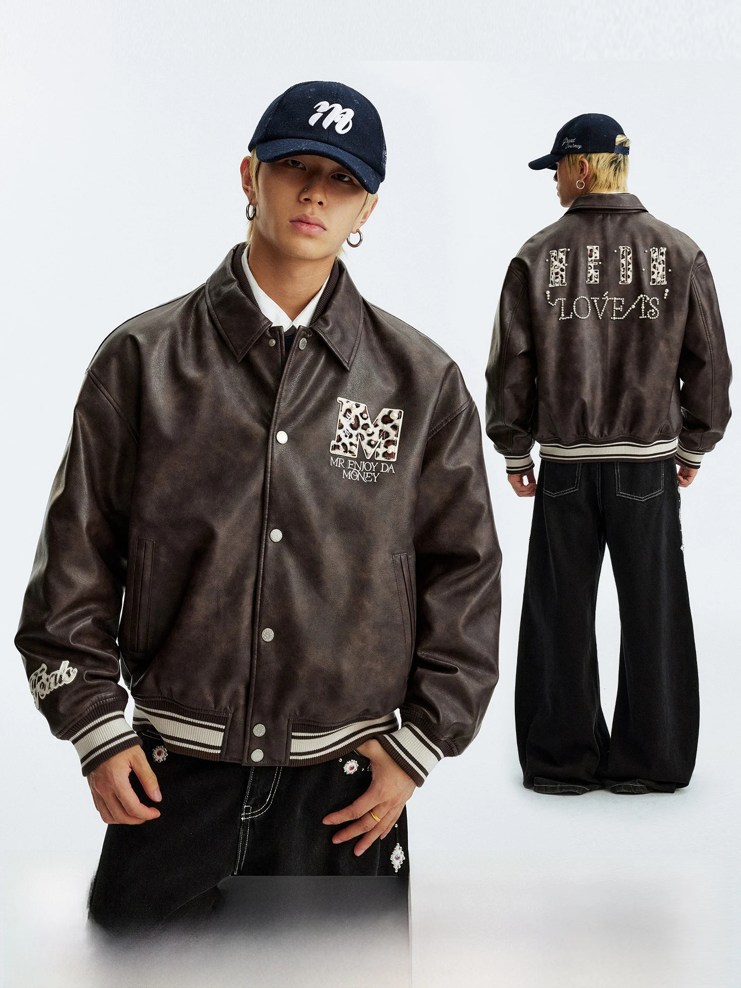 MEDM Jaket Baseball Katun Berkerah Kulit Lapis Ganda Model Lipat Kasual Streetwear Pria Mantel Panjang Hangat Bahan Poliester