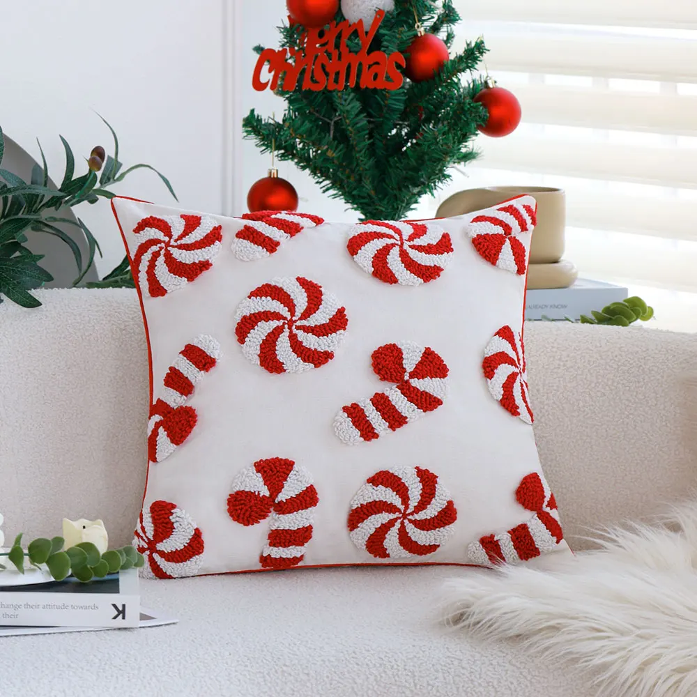 Weihnachts-Kissenbezug, 45 x 45 cm, getufteter Zuckerstangen-dekorativer Kissenbezug für Sofa, Wohnzimmer, Weihnachtsdekoration, Kissenbezug