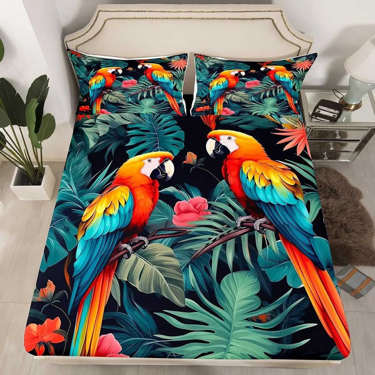 Cute Parrot Fitted Sheet Twin King,Palm Leaves Flower Bedding Set Tropical Jungle Bird Bed Sheet Hawaiian Nature Plant Sheet Set