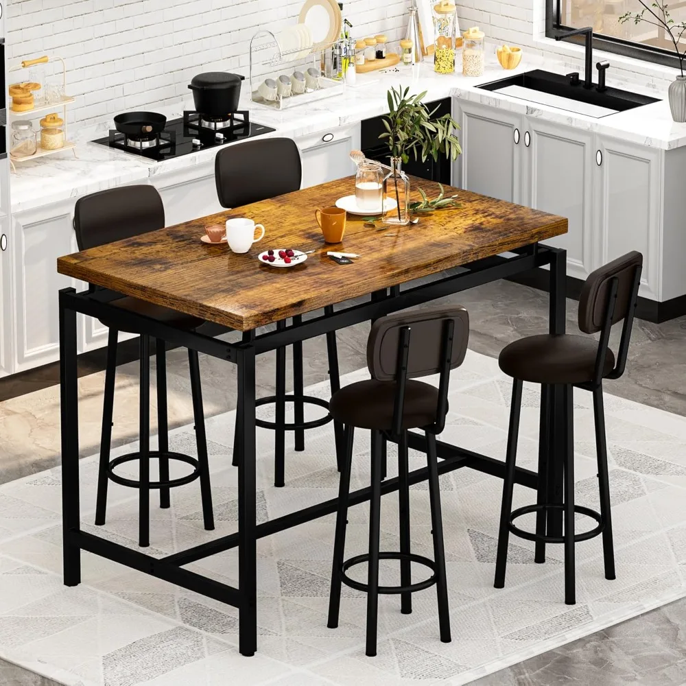 

Dining Table Set for 4 Modern Bar Table and Chairs Set, Kitchen Table with 4 PU Upholstered Backrest Stool, Counter Height Tabl