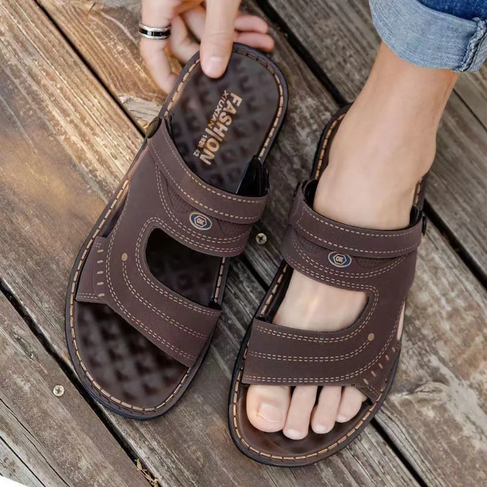 

Модные шлепанцы с открытым носком, мужские пляжные туфли на толстой подошве, тапочки с пряжками на щиколотке, Нескользящие мужские тапочки на платформе, летние