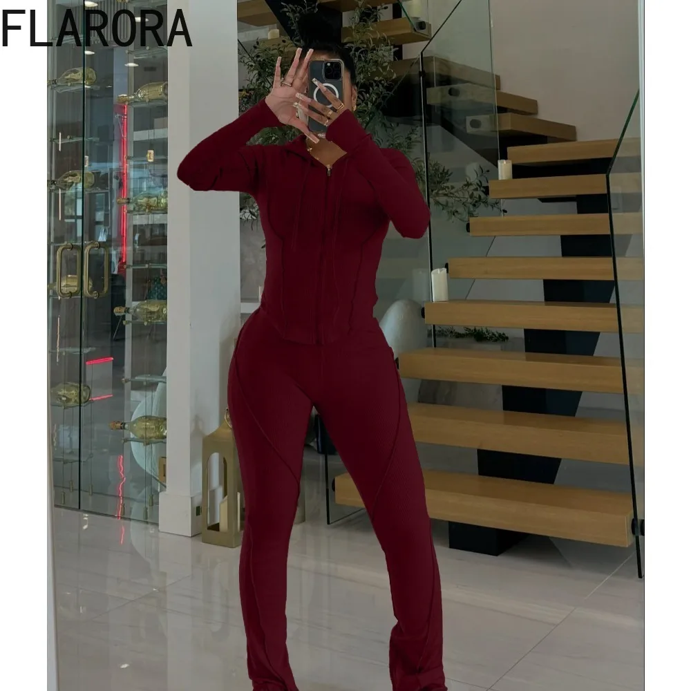 FLARORA-Conjunto deportivo informal de otoño para mujer, chaquetas con capucha y cremallera de manga larga y pantalones acampanados con abertura, ropa de calle, chándales, 2 uds.