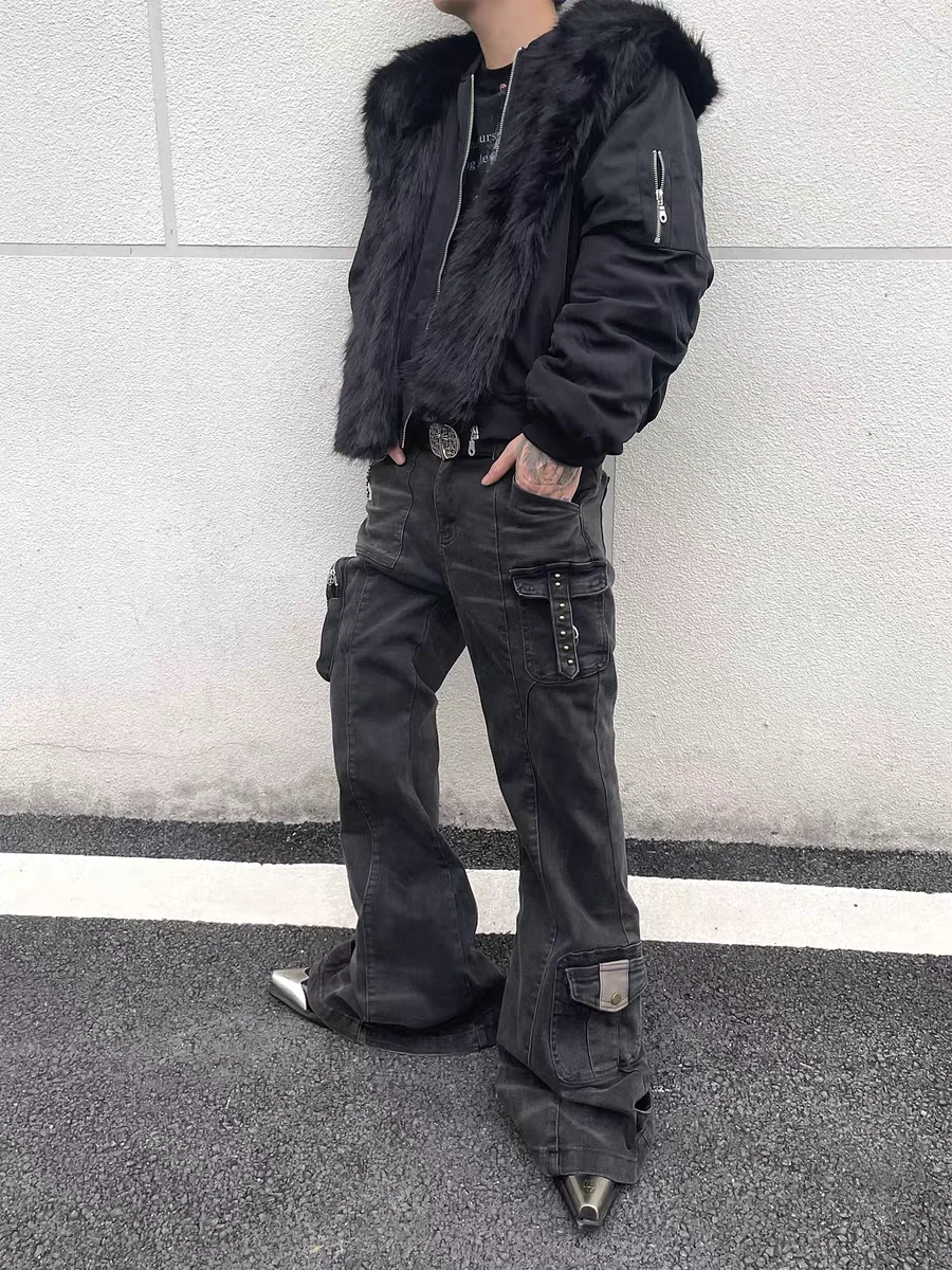 

Ретро-джинсы в американском стиле Heavy Du Waed Design для мужчин: рабочие, в стиле панк, слегка расклешенные, удлиненные, повседневные, прямого кроя