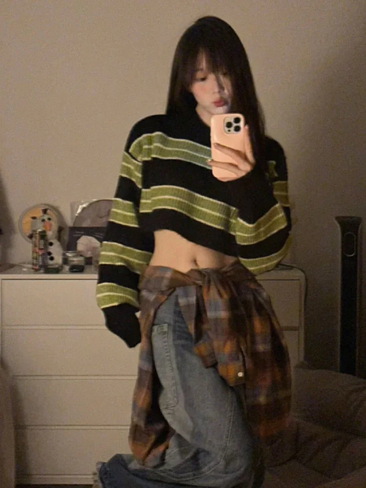 Autumun Y2k Sexy Girl Cropped maglione donna sottile Pullover a righe larghe moda coreana Harajuku Streetwear Vintage Jumper Fairy