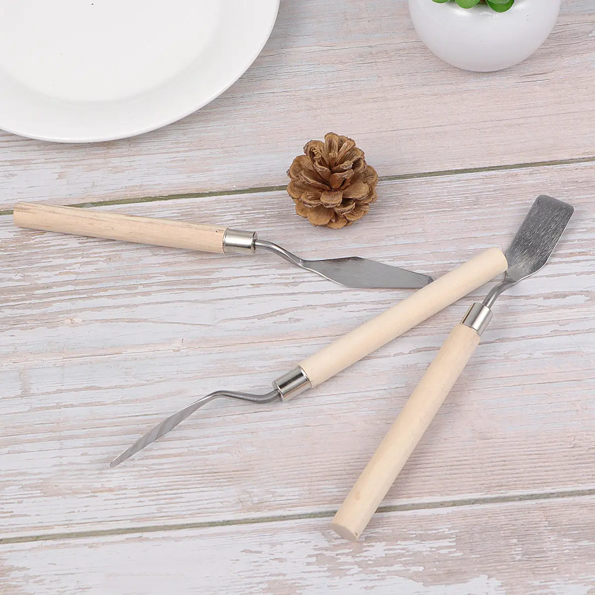 3Pcs Painting Tool Set Stainless Steel Spatulas Natural Wood Handles Flexible Blades for Gouache Acrylic Oil Canvas Sculpting