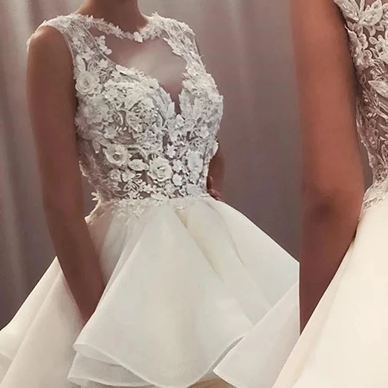 Robe de mariée élégante en dentelle blanche, effet d'illusion, décolleté, sans manches, robe de soirée en Tulle, ligne a, à plusieurs niveaux, robe de bal