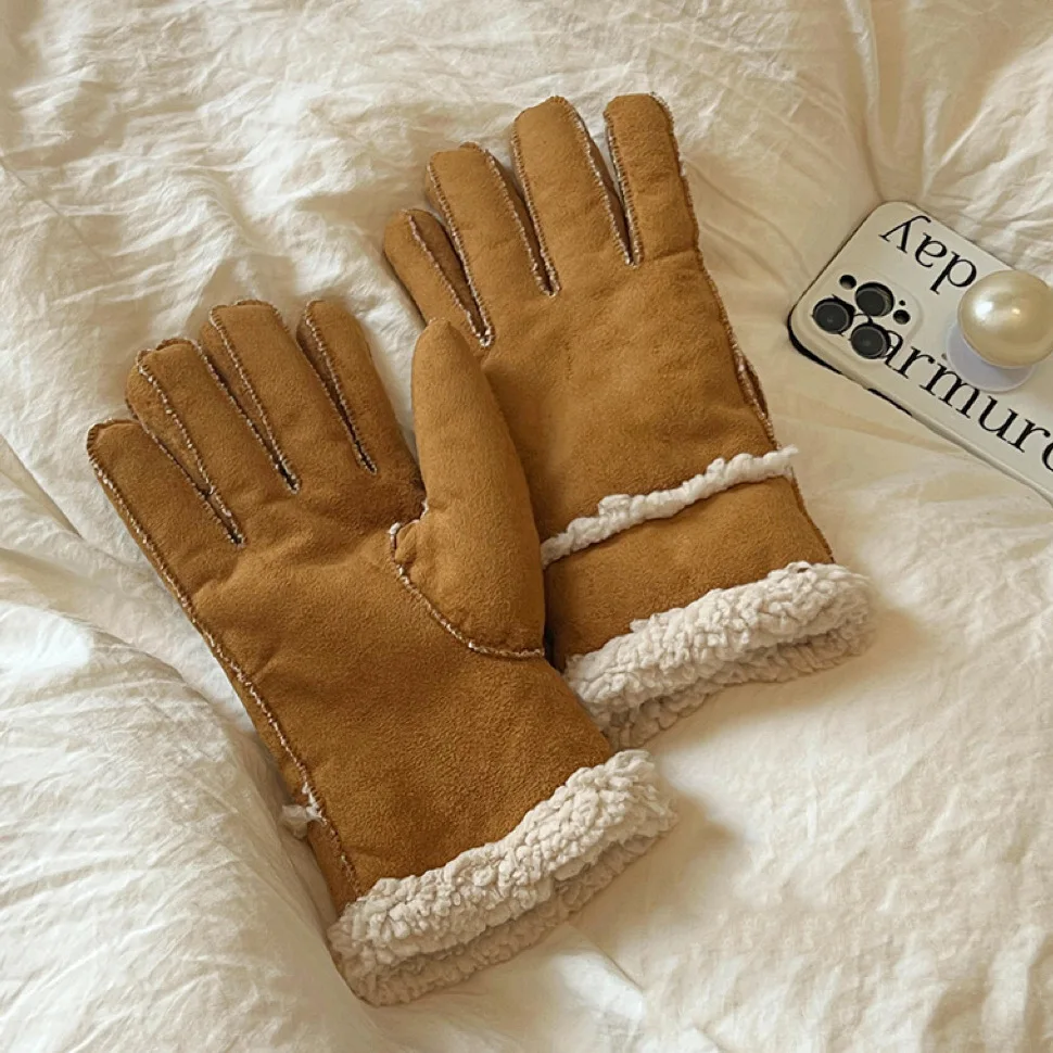 Women Winter Gloves Super Warm Winter Split Finger Gloves Outdoor Riding Skiing Windproof Lamb Fleece Thicken Plush Gloves Lady