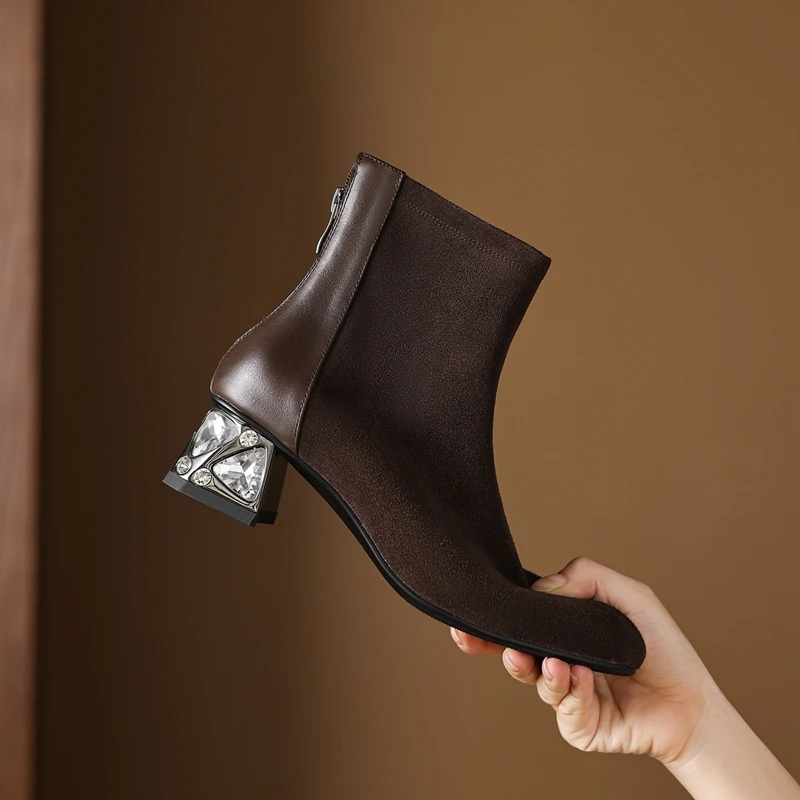 

Women's new genuine leather cow suede cowhide rhinestone mid heel plus size retro and calf Chelsea short boots fashion boots
