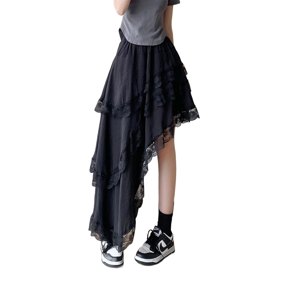 Женская черно-белая кружевная ажурная корейская модная летняя лоскутная асимметричная милая юбка средней длины с высокой талией