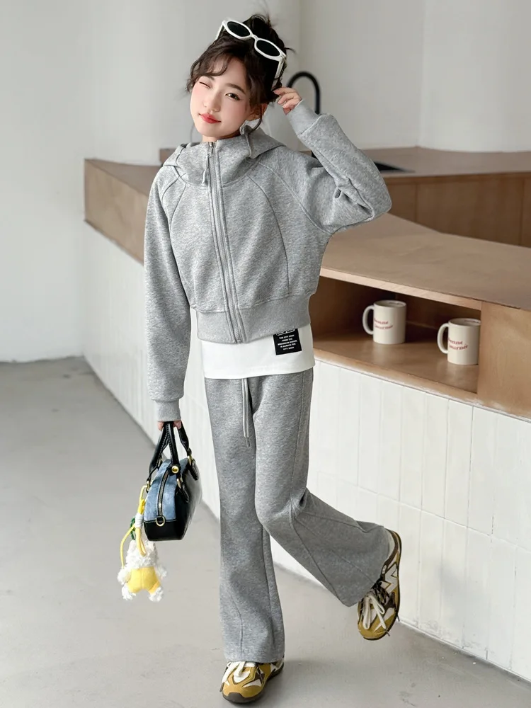 2026 Spring/Autumn Teenager Kids Girl Children Set Clothes Crop Top Hooded + Slim Straight pants 4 6 7 8 9 10 11 12 14 15 Year