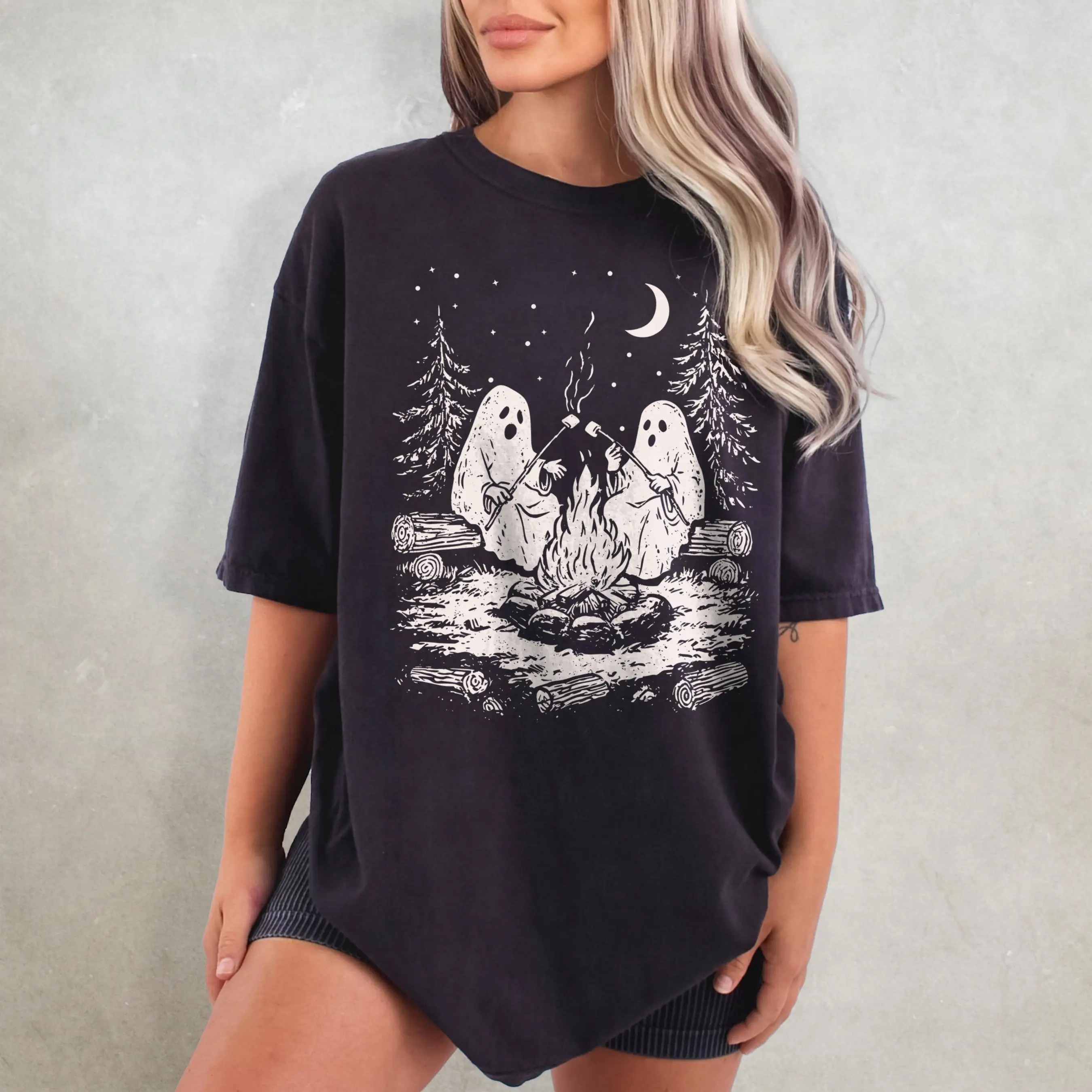 Ghost Story Shirt, Retro Halloween Ghost T-shirt Fun Camping Shirt, Halloween Theme Shirt Autumn Pattern Trick or Treat T-shirt