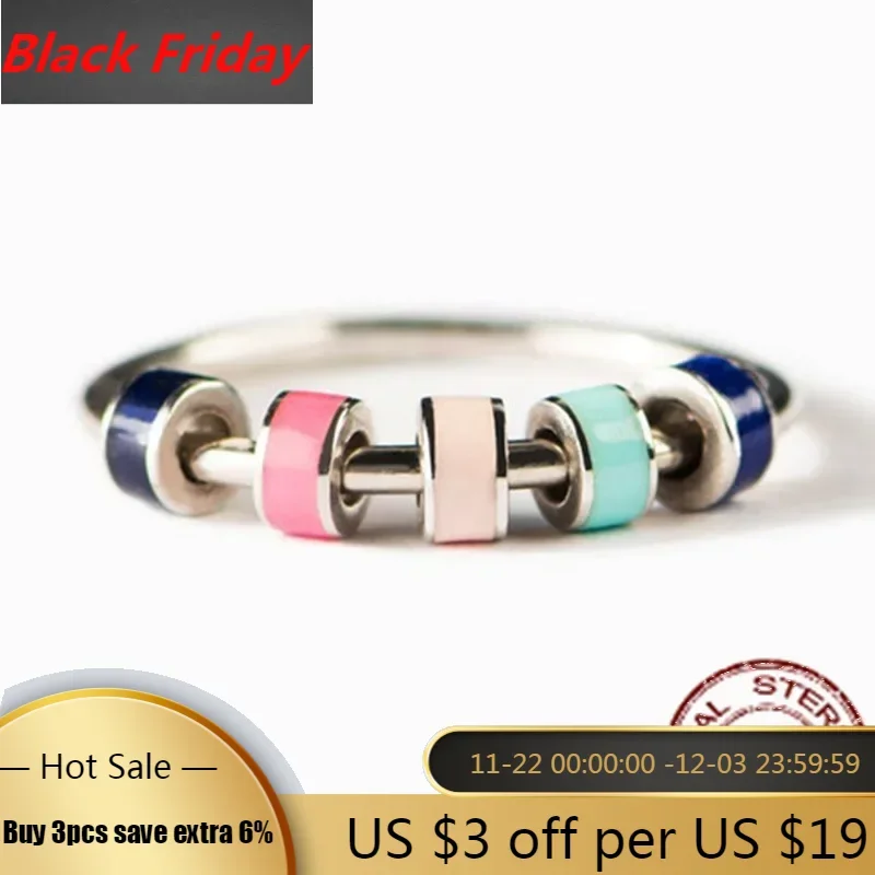 Trumium 925 Silver Rings Anxiety Colorful Enamel Unisex Ring With Bead Worry Stress Relief Lovers Stacking Design Ring