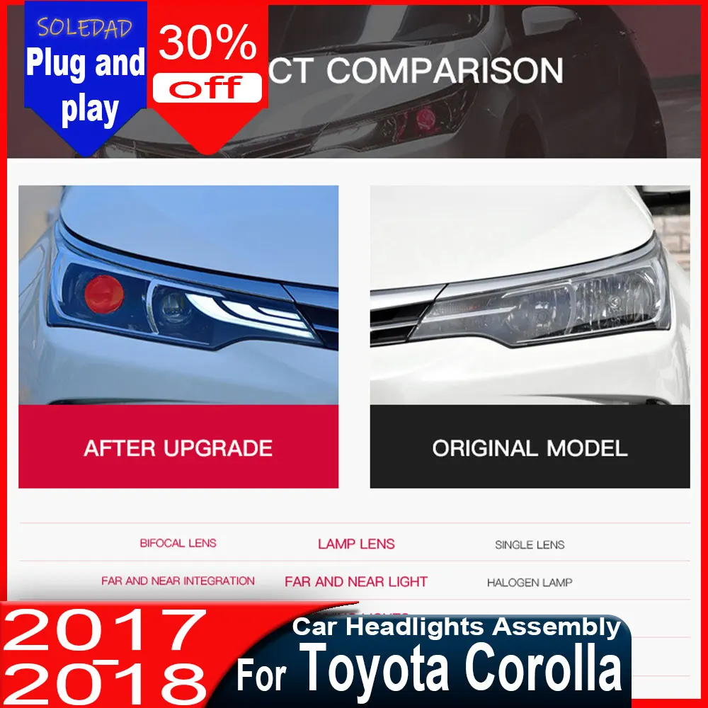 

2 шт. автомобильных фар для Toyota Corolla 2017-2018, модифицированные светодиодные фары с дневными ходовыми огнями и указателями поворота