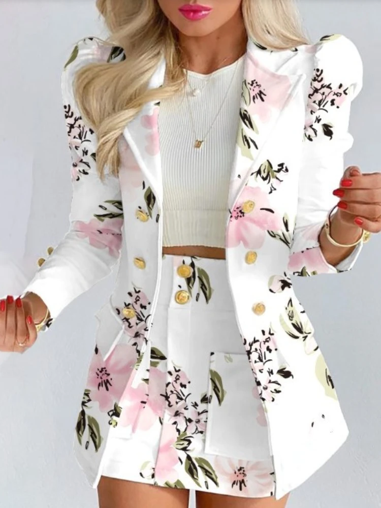 Printed Elegant Temperament Two-piece Suit Trailer Spring Long Sleeved Solid Color Jacket with Skirt Women\'s Suit Half Skirt