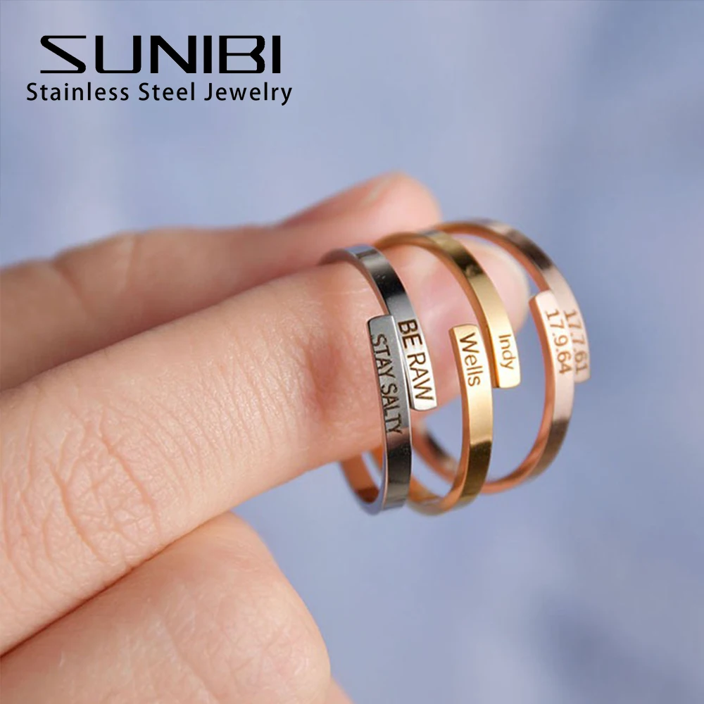 SUNIBI Custom Letter Stainless Steel Rings Women Men Minimalist Personalized Adjustable Unique Lover Eternal Engagement Party