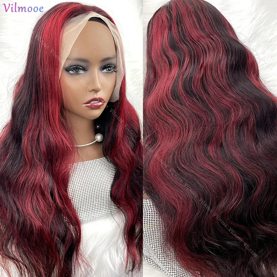 Destaque 99j borgonha onda do corpo 13x4 hd couro cabeludo boné peruca frontal do laço vermelho colorido ondulado perucas de cabelo humano fechamento do laço perucas para mulher