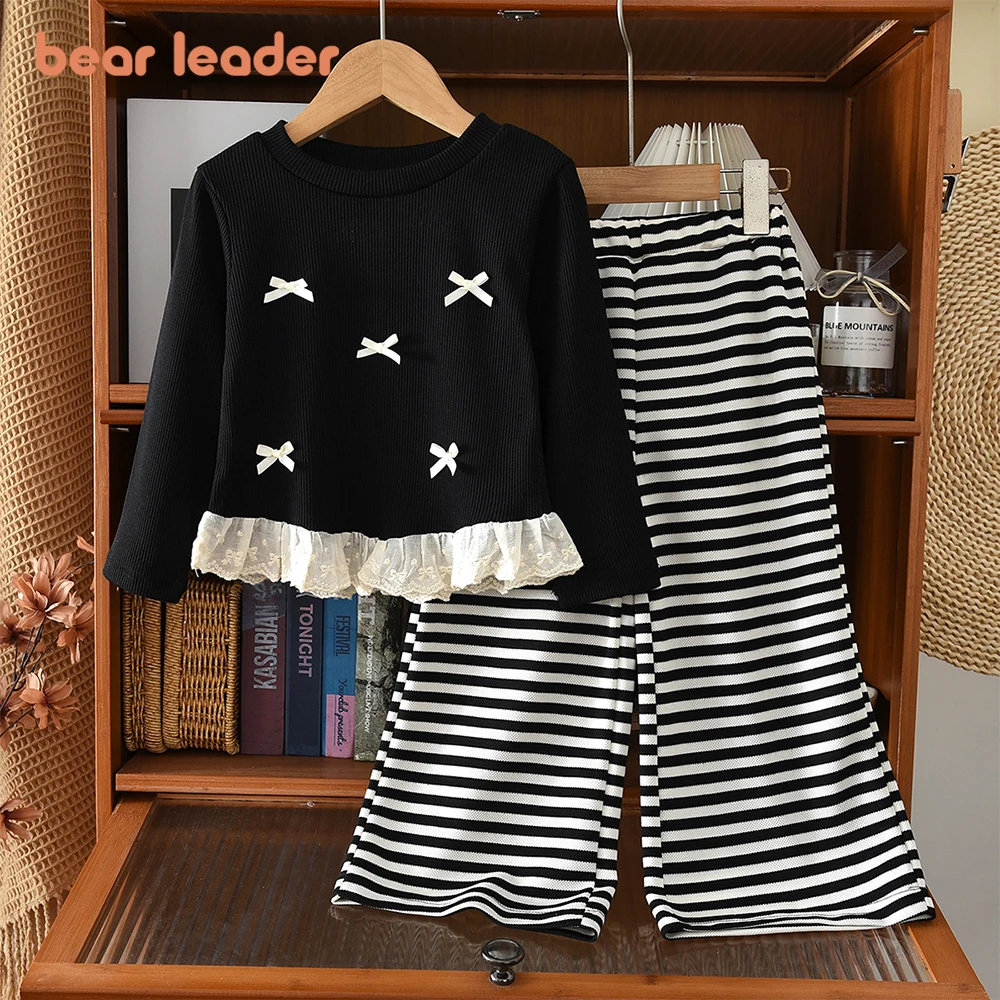 Bär Führer Herbst Mode Casual Sport Kinder Kleidung Mädchen Schwarz Bogen Langarm Top + Gestreiften Gedruckt Hosen Zwei-stück Set