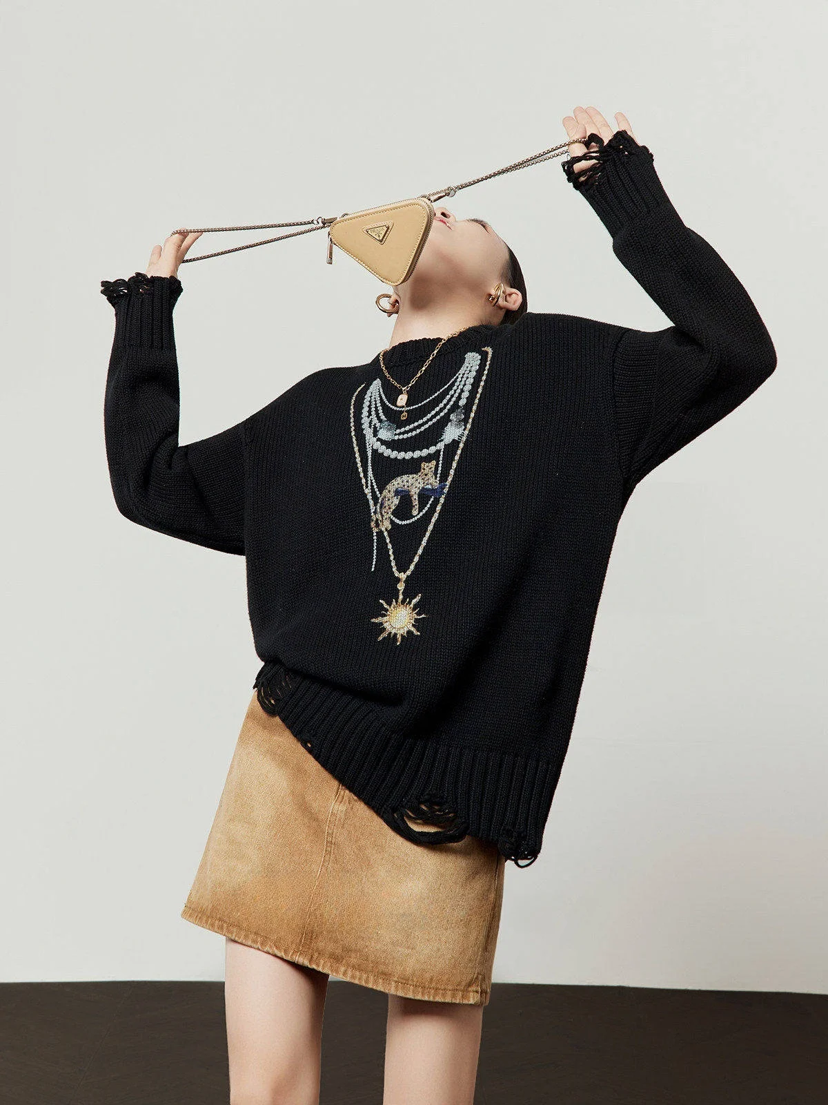 

Bla Knitted Sweater Women's Spring New Sle Sun Diamond Leopard Nelace by Zhou Li Wu Loose Fit Long Sve Dstring