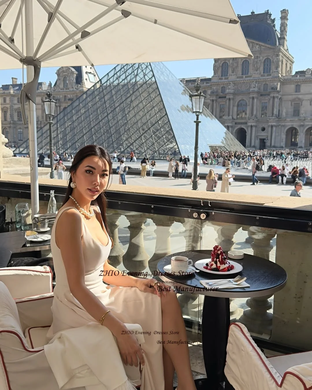 ZHIO Simple Ivory Satin Evening Gown Pleats A Line Tea-Length Party Dress Spaghetti Straps Prom Gown for Women Customized