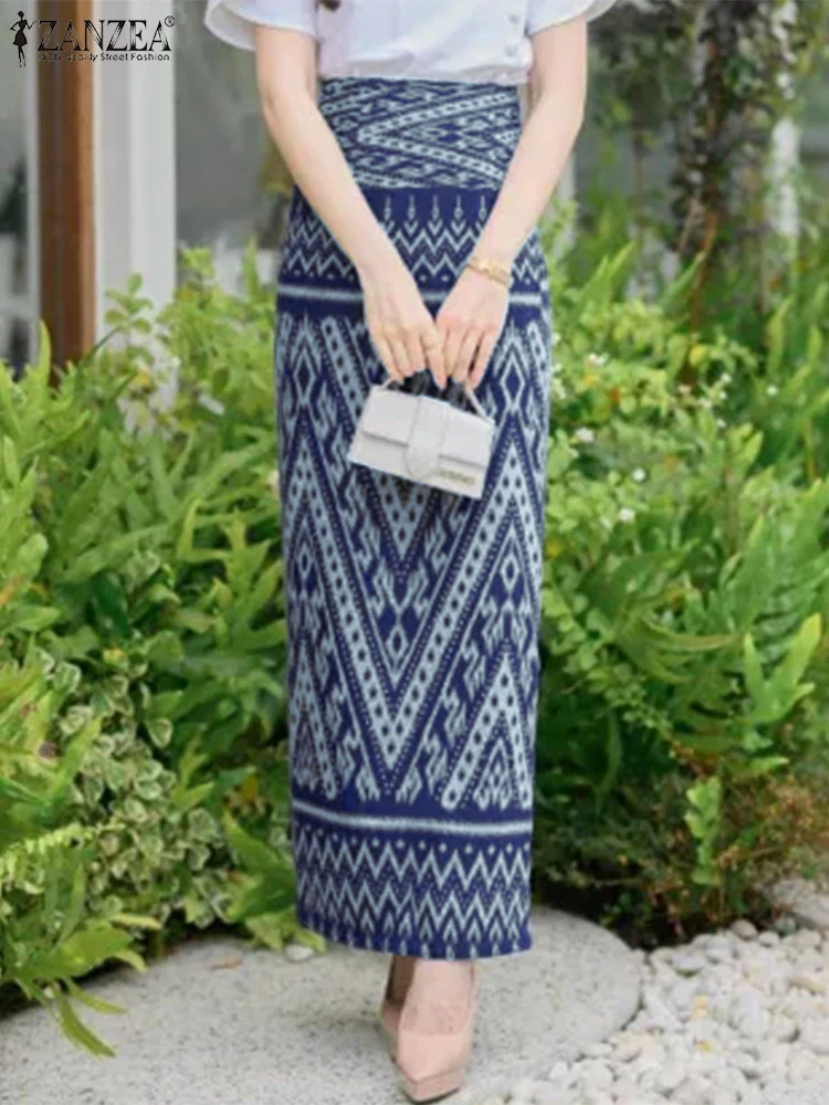 ZANZEA 빈티지 에스닉 이캇 프린트 롱 스커트 여성용 보헤미안 스타일 우아한 하이 웨이스트 백 지퍼 맥시 스커트 3가지 색상 S-XXXL