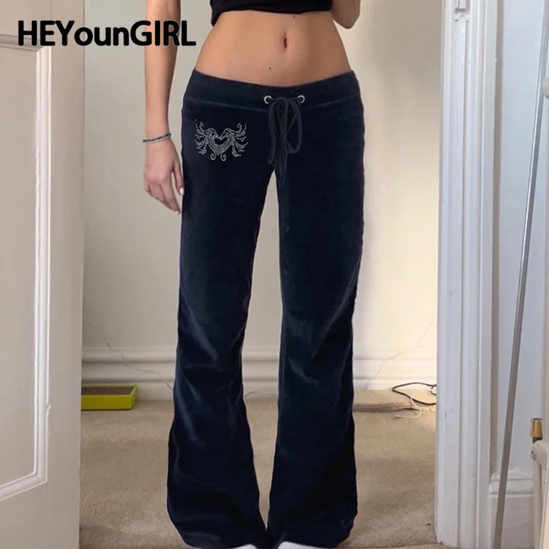 

HEYounGIRL Y2K Women Velvet Slim Pants Rhinestone Print Low Waist Drawstring Straight Trousers Vintage Casual Joggers Autumn