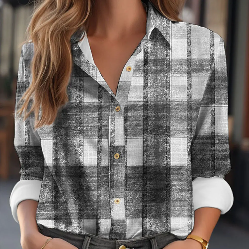Damesoverhemden en blouses Modieus geruit knoopbedrukt Casual retro overhemd met lange mouwen Top Tee Dameskleding