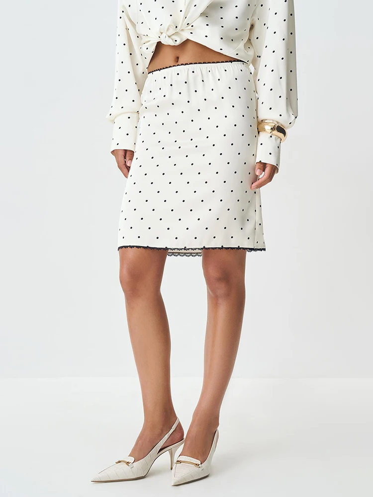 

Blifanbo Polka Dots Print Mini Skirt Women Satin Lace Patchwork High Waist Straight Elastic Skirt Casual Slim Fashion Streetwear
