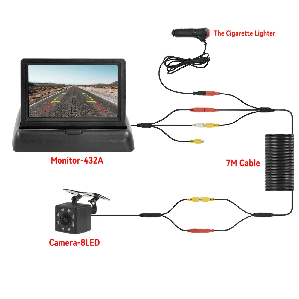 4.3 TFT LCD HD Screen Folding Car Monitor with Rear View Camera  8 LED Backup for Vehicle Parking Easy Installation
