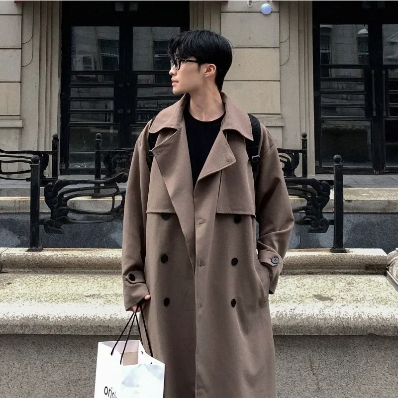 Autumn Men\'s Long Coats with Waistband Knee Length Trench Coat Double Breasted Cool and Fashionable High Street Lapel Trench